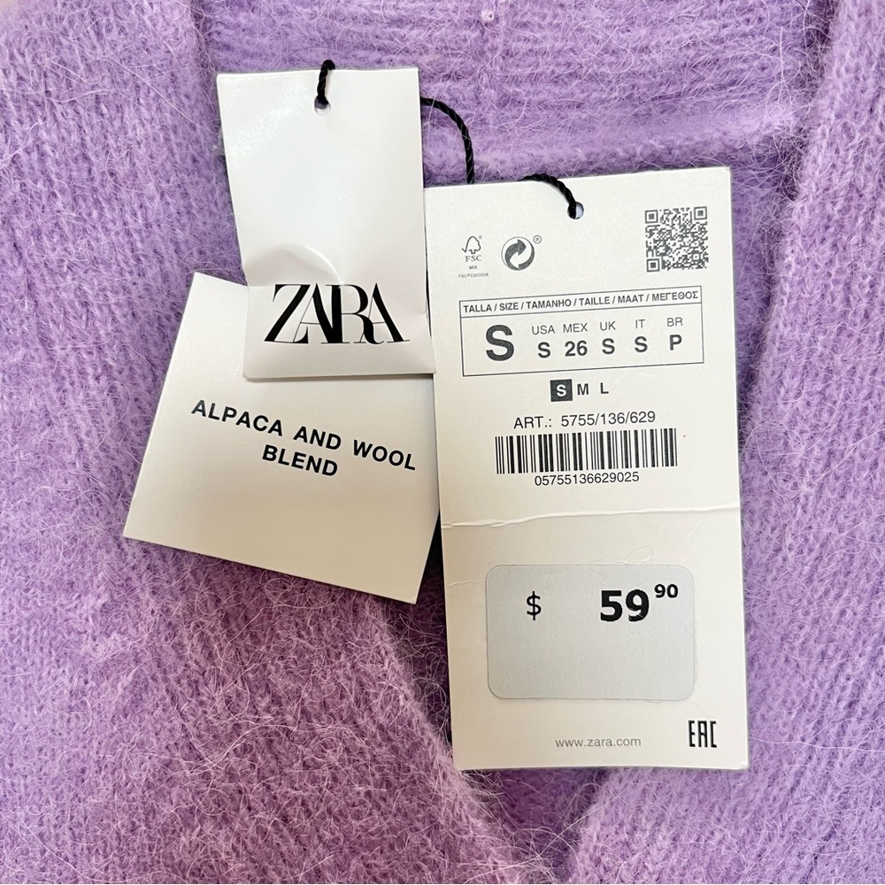 NWT Zara Lilac Purple Alpaca Cropped Long Sleeve Cardigan Sweater - Small - Picture 6 of 7